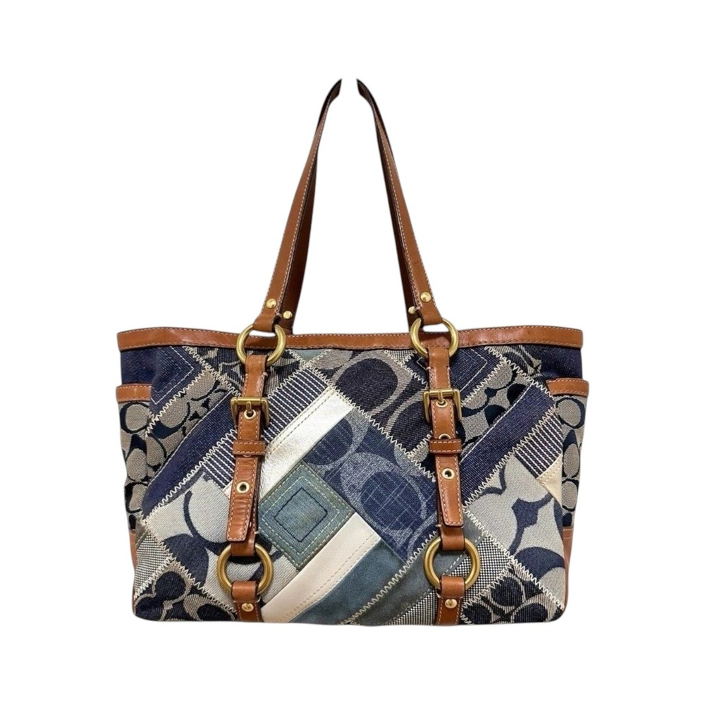 Coach Signature Denim Patchwork Gallery Tote Blue Brown Y2K 12217